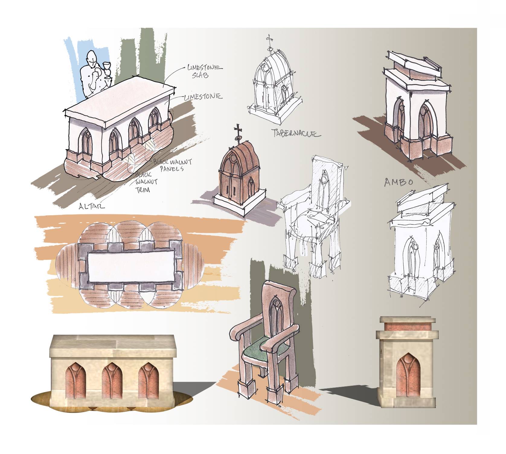 Church, design, sketches, furniture, architecture